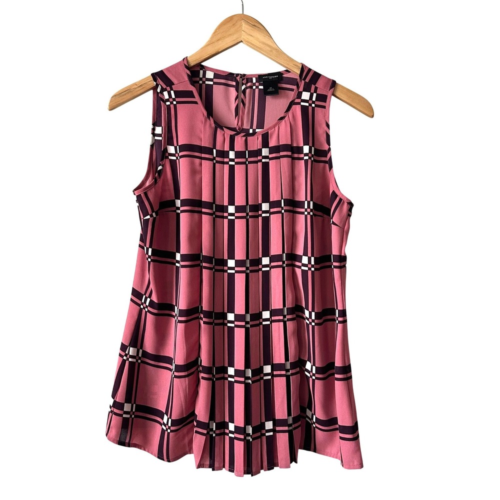 Ann Taylor Womens XS Pink Purple Grid Pleated Front Sleeveless Blouse 344190